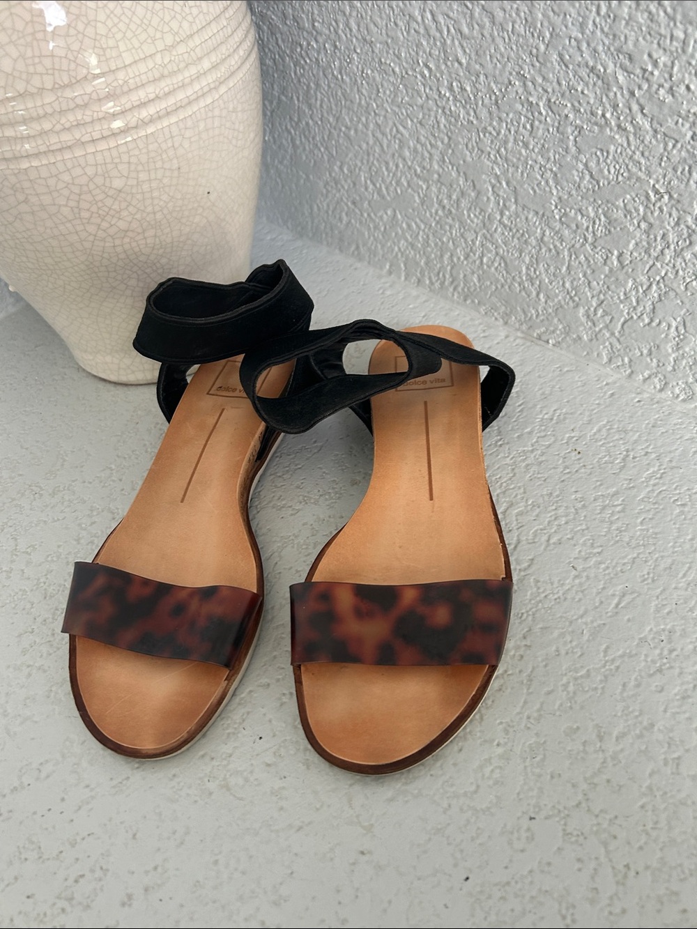 Dolce Vita Black Ankle-Strap Sandals with Tortoiseshell Front Band
